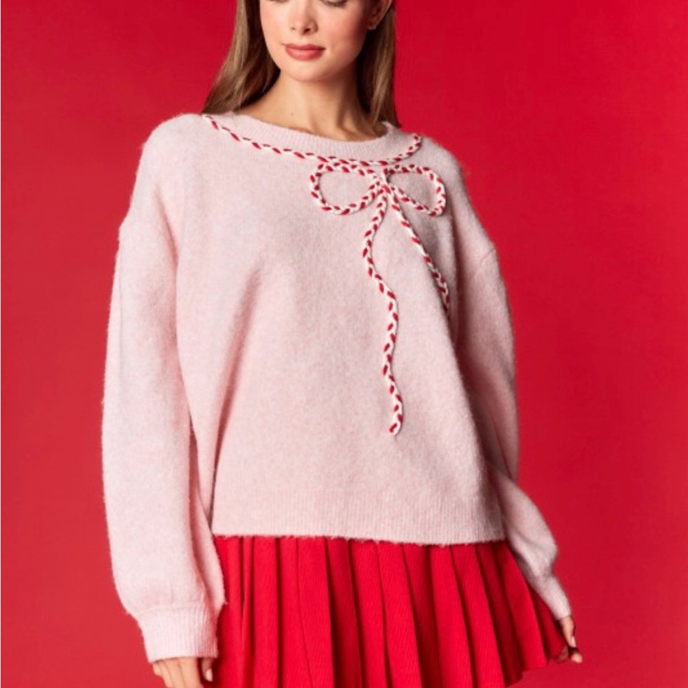 Rareraw Sweater in Pink with Candy Cane Bow. Recycled Finer Blend. NWT - Picture 3 of 16